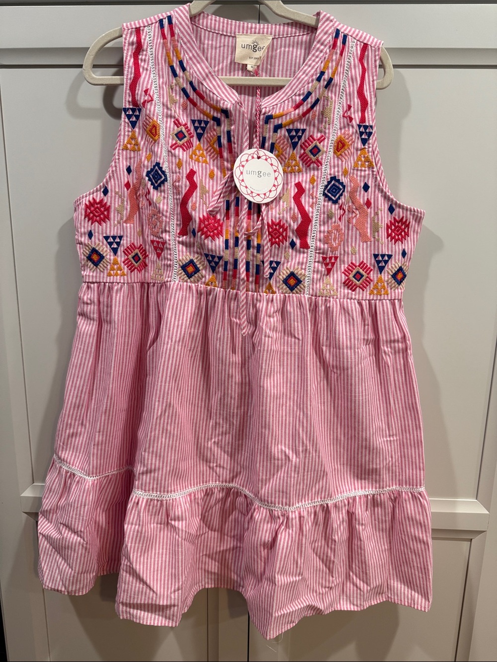 NWT Umgee Pink & White Striped Embroidered Tiered Babydoll Tunic Dress - Size M